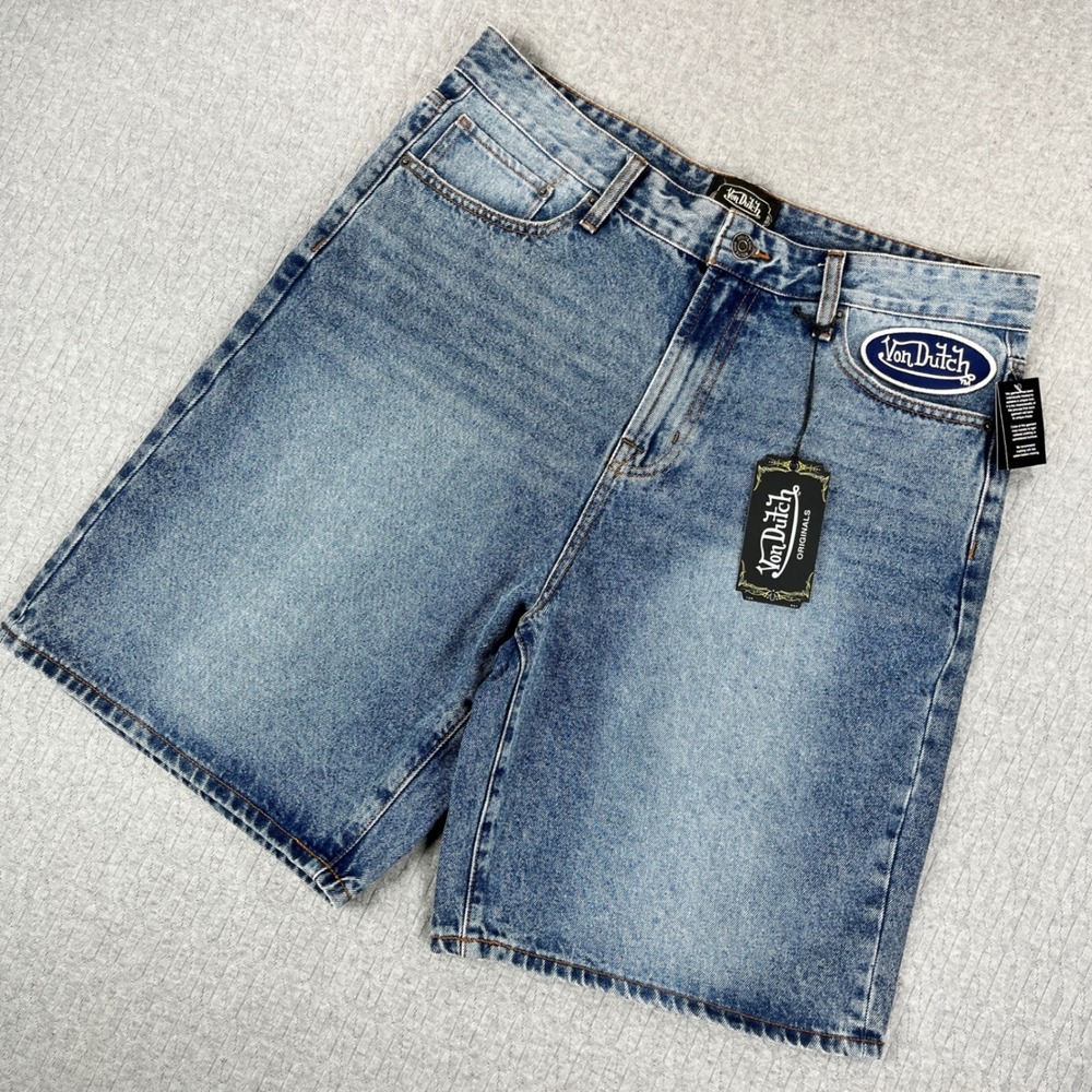 New Von Dutch Denim Jorts Shorts Men 34 Blue vintage hot rod Y2K 90s pinstriping